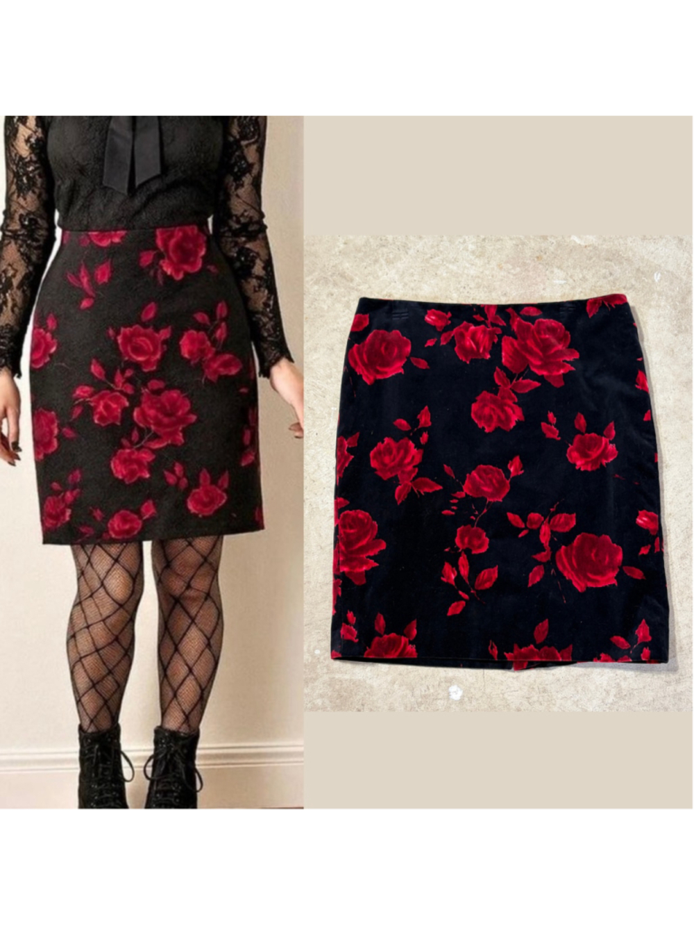 Talbots Black Red Rose Velvet Pencil Skirt Women’s Size 12 Back Zip Cotton